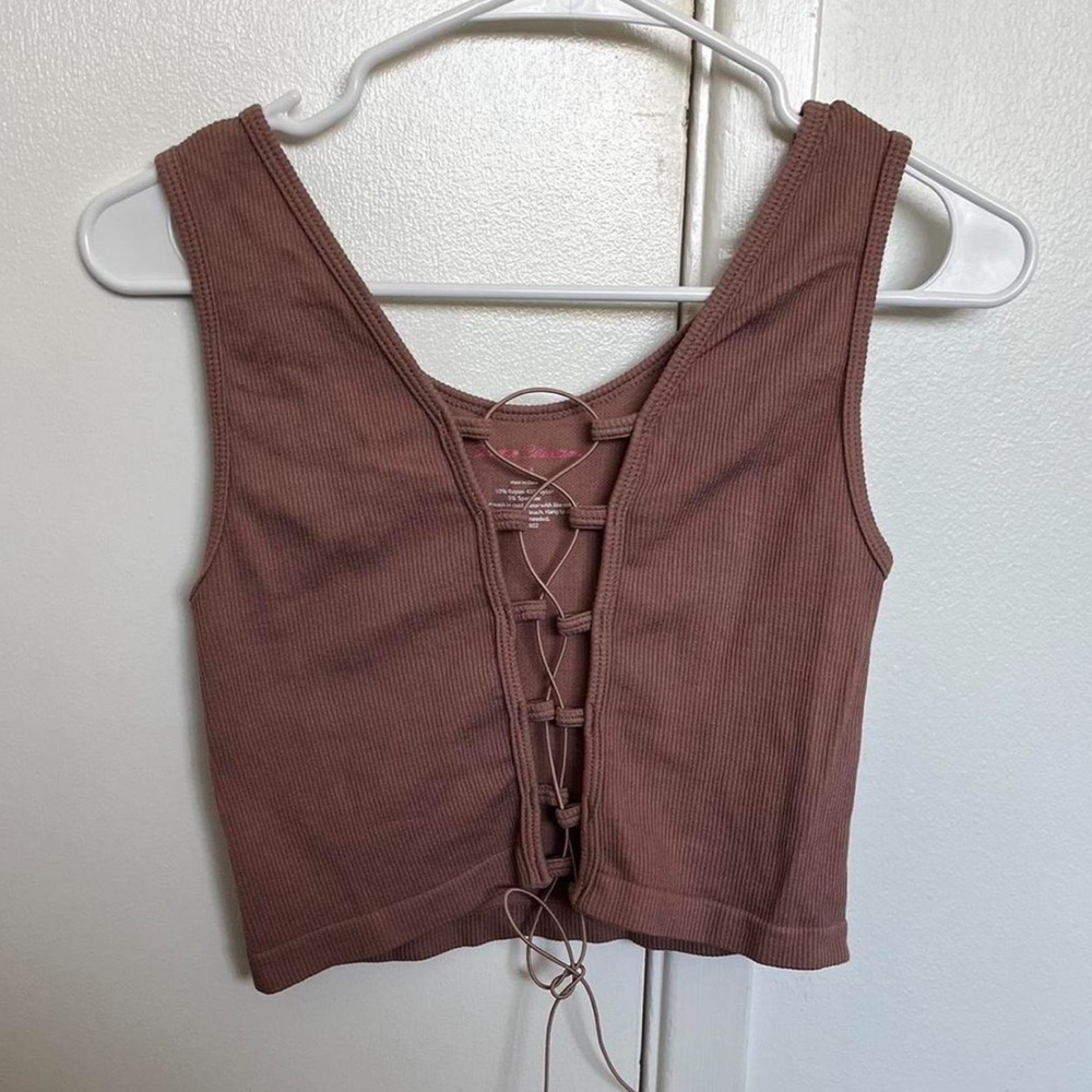 suzette collection brown ribbed lace up crop top